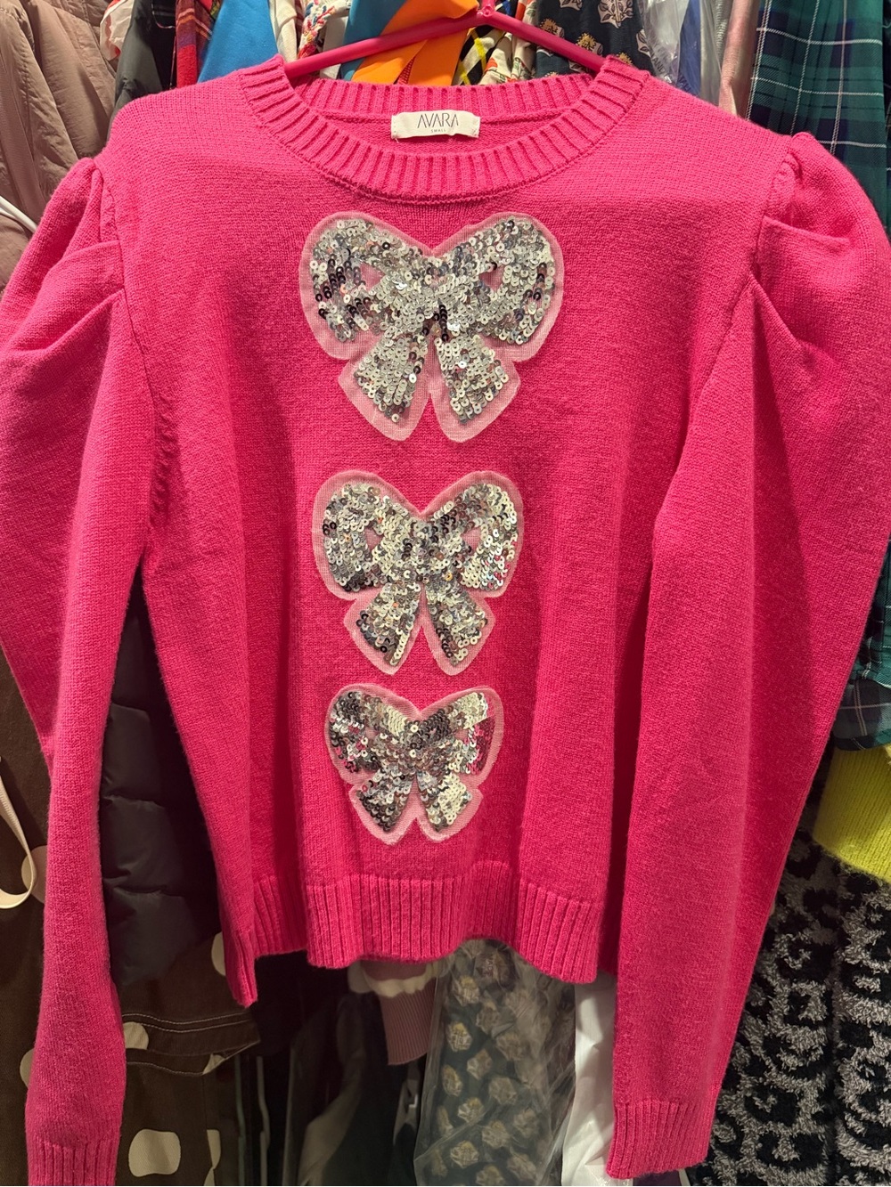 AVARร Hot Pink Sequin Bow Crewneck Sweater